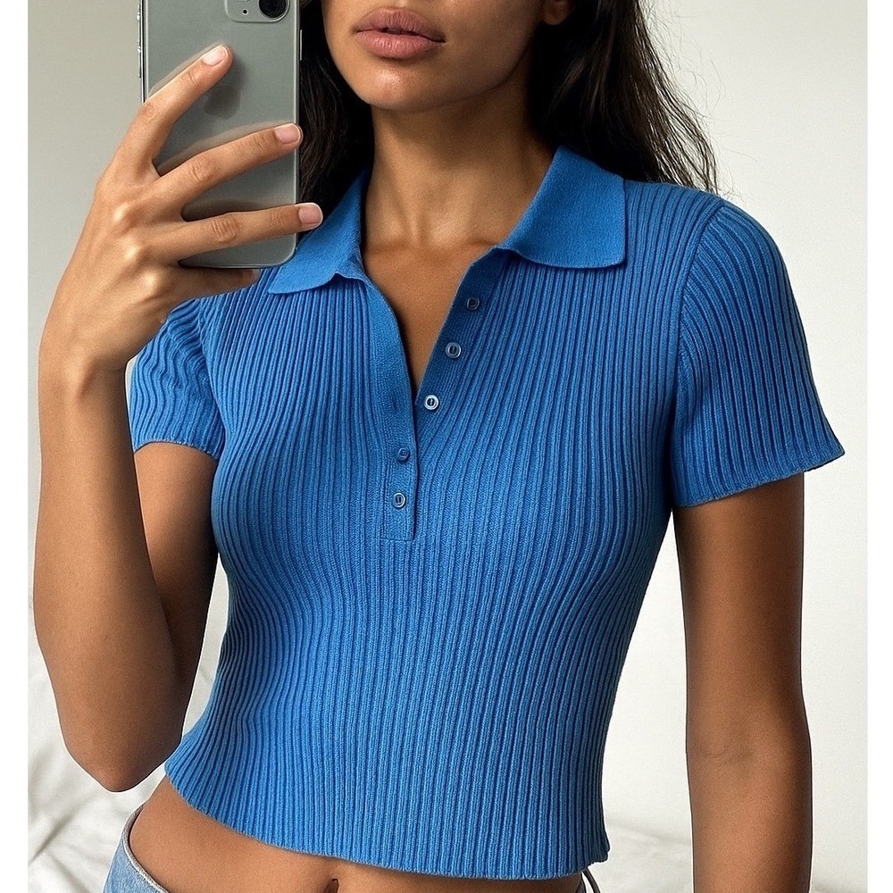 VTG Calvin Klein Womens Knit Polo Top Medium Ribbed Y2K Short Sleeve Blue Preppy